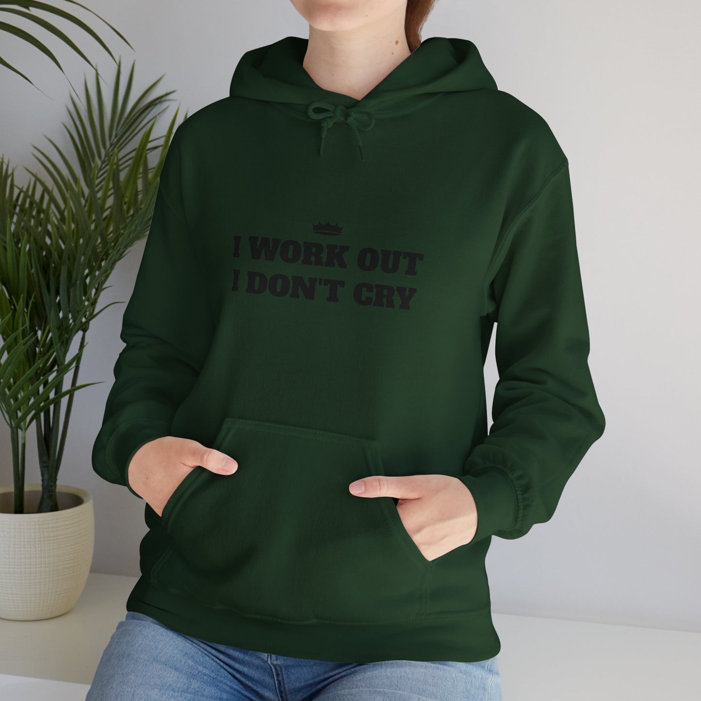 I WORK OUT I DON'T CRY Unisex Heavy Blend™ Hoodie - Motivational Fitness Sweatshirt